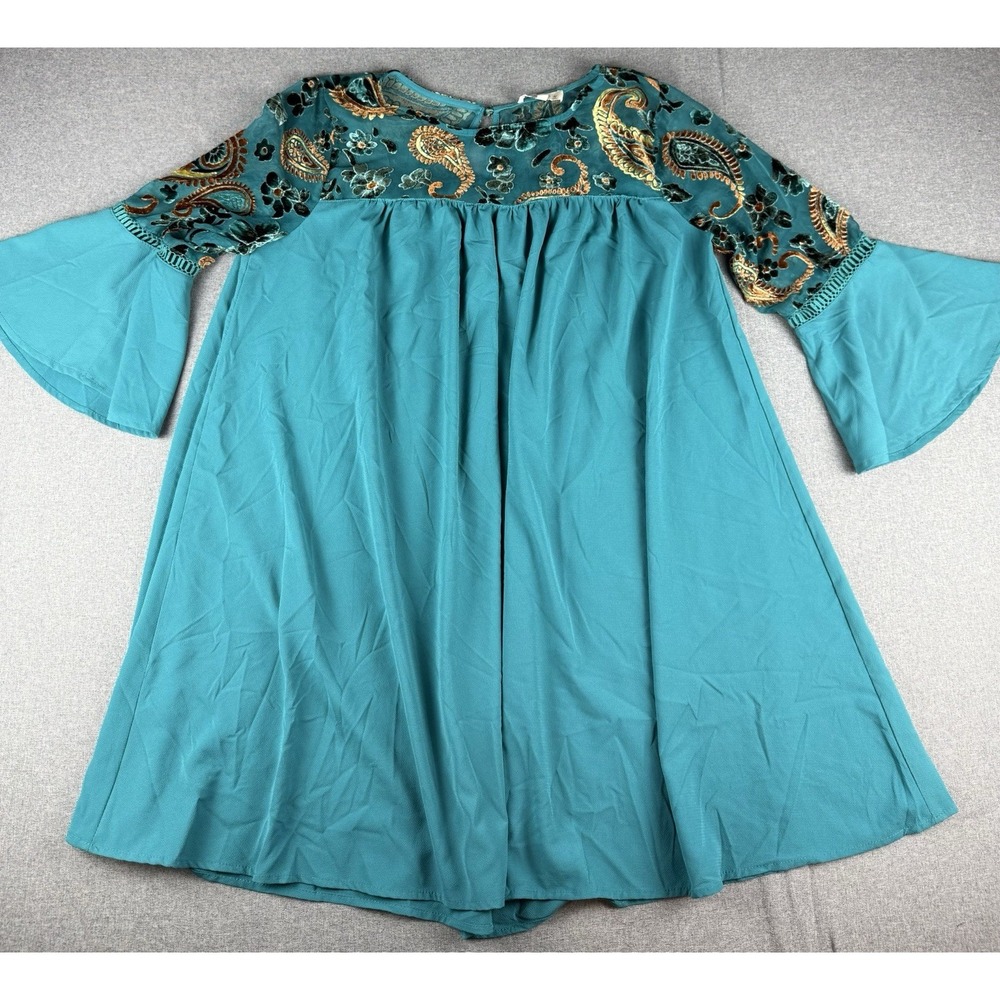 Umgee XL Teal Paisley Velvet Burnout Bell Sleeve Babydoll Tunic Boho Dress